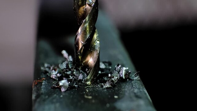 Close-up macro shot of a metallic twisting drill bit drilling a dark metallic surface, stained with metal shavings and lubricant. Metal processing. Construction works. B-roll 4K slow motion footage