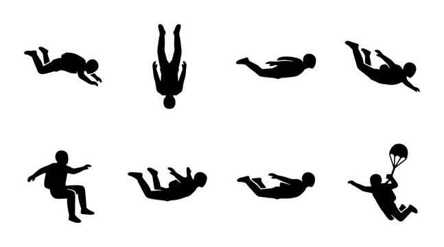 Skydiving Silhouettes: Diverse Freefall Poses, Parachute Jumpers, Vector Icons for Adventure Sports