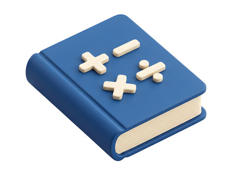 Blue math book with multiplication division subtraction addition symbols.