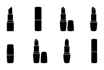 Obraz premium Set of 8 Black Lipstick Icons, Makeup Cosmetic Symbols, Beauty Product Vector Graphics for Fashion and Glamour