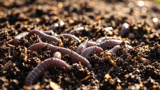 Red wiggler worms composting in organic soil, close up of healthy garden environment