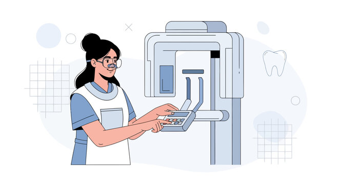 Dentist operating panoramic X-ray machine for dental imaging, vector illustration.