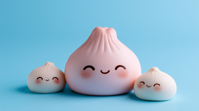 cute kawaii dumpling squishy toy family on blue background, pastel stress relief toys and sensory fidget collection concept for relaxation and fun
