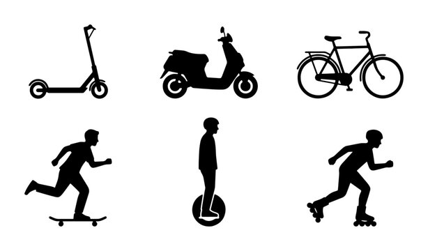 Urban Mobility Icons: Electric Scooter, Motorcycle, Bicycle, Skateboarder, Unicyclist, Rollerblader, Personal Transport Vector Set