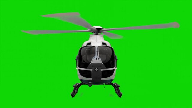 A symmetrical front-facing view of a white Eurocopter EC135 light utility helicopter with spinning main rotors hovering. The 3D animated transport aircraft is isolated on a green chroma key screen.