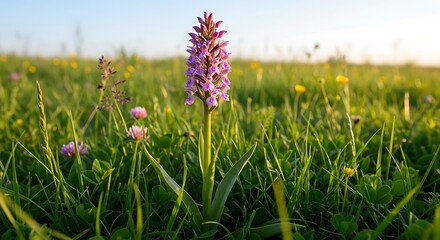 Obraz premium Purple Wild Orchid Blooming in Sunlit Green Meadow
