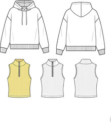 Set of Women Sportswear Apparel Fashion Flat Technical Sketch Templates Featuring Oversized Pullover Hoodie and Ribbed Half Zip Vest © Md Atiar Rahman