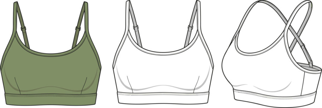 Set of Women Sportswear Apparel Fashion Flat Technical Sketch Templates Featuring Athletic Sports Bra with Adjustable Straps
