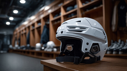 Fototapeta premium white hockey helmet on locker room shelf with ice skates and sports equipment