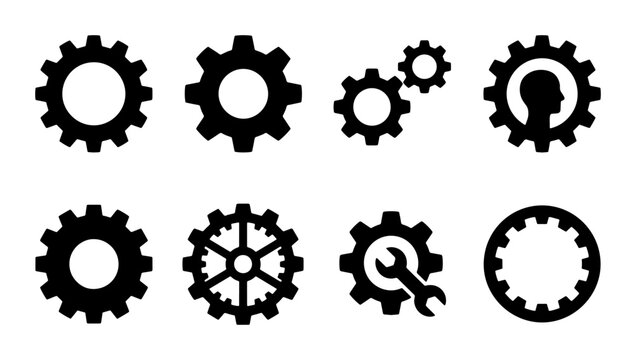 Set of 8 Black Gear Icons, Cogwheel Vector Graphics, Mechanical Engineering Symbols, Industrial Machine Parts