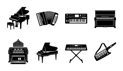Musical Instruments Collection: Grand Piano, Accordion, Synthesizer, Organ, Keytar Icons. Vector Set. © Sultana