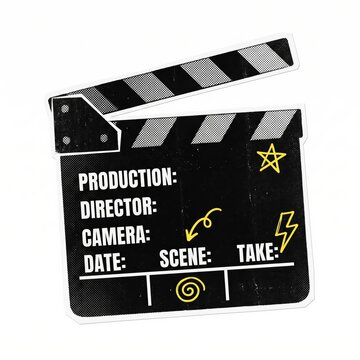 Dynamic Black and White Movie Clapperboard with Playful Yellow Doodles, Isolated on White for Film Production, Cinema, Video, and Entertainment Industry Concepts, Movie