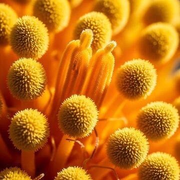 Extreme close up of yellow flower stamen and pollen with botanical, microscopic