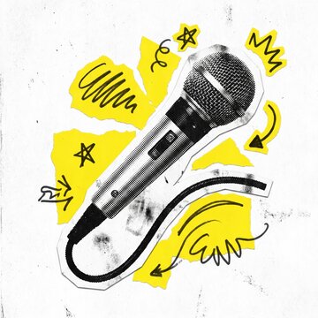 Vibrant microphone collage illustration on white, featuring dynamic yellow paper cut-outs and playful doodles, ideal for music, podcasting, and creative communication projects.