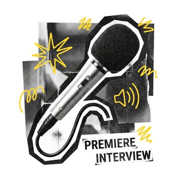 Dynamic Retro Grunge Microphone Collage for Premiere Interview, Podcast, News, and Media Content. Edgy distressed style with yellow accents, perfect for broadcasting and audio themes.