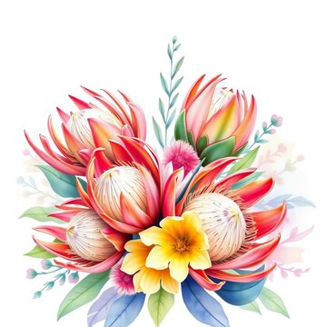 Watercolor floral arrangement featuring proteas in soft colors, poster, invitation