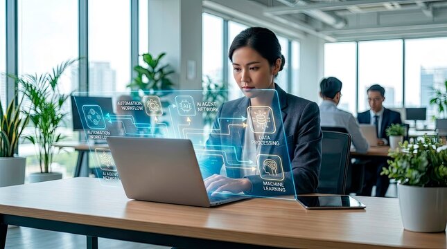 Confident professional woman operating holographic interface showcasing complex ai agent network and machine learning workflows.
