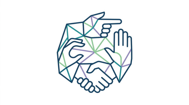 Abstract geometric hands shaking and pointing in collaboration.