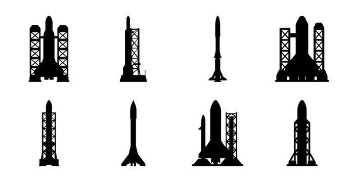 Black space rockets and launchers illustration set - Eight stylish black vector icons of space rockets and launchers ready for space missions, minimalist design for various uses.