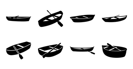 Various black and white boat silhouettes - Eight stylized black and white boat silhouettes in different shapes and orientations, perfect for icons or minimalist designs. © Tanjila