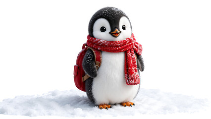 Fototapeta premium Cute little cartoon penguin wearing red knitted winter scarf standing in snow