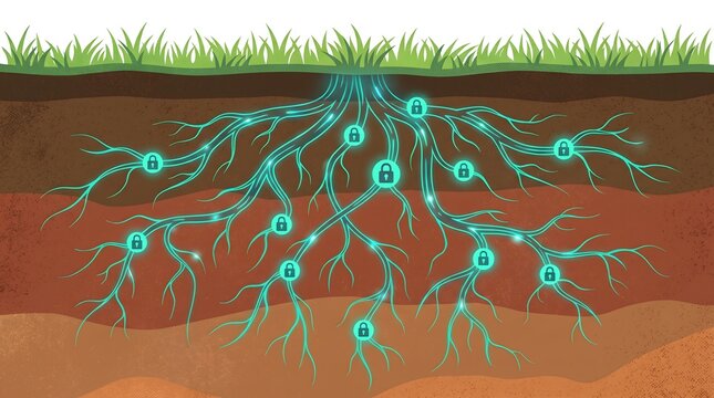 Glowing digital roots with security padlocks