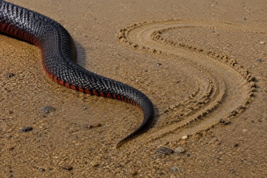 Red-bellied black snake moving on river sand. Australian dangerous animal leaving trail on ground. Wild reptile in nature habitat. Wildlife concept for nature study and biology.