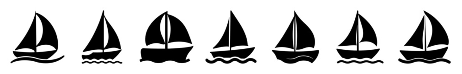 Five sailboats floating on calm water waves - A clean line drawing of five sailboats peacefully floating over gentle water waves, ideal for marine or nautical themes. © Tanjila