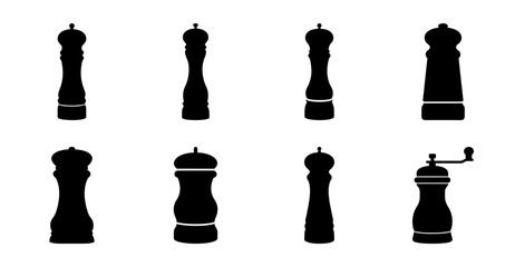 Black chess and pepper grinder icons set - A clean set of black icons featuring chess pieces and various pepper grinders, perfect for food, game, or kitchen-related projects. © Tanjila