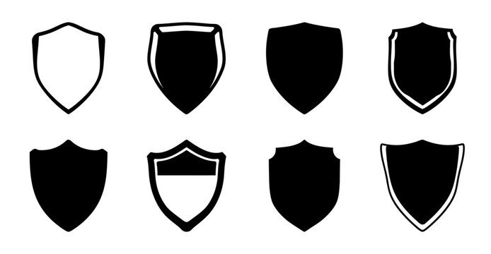 Black medieval shields with different designs - Collection of stylized black medieval shields featuring various decorative elements, ideal for fantasy or historical projects.