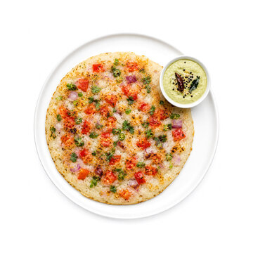 South Indian vegetable uttapam topped with colorful vegetables and chutney. Ai generative