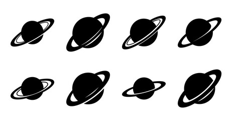 Black and white ringed planet icons set - Minimalist black and white vector icons of planets with rings, arranged neatly in two rows for graphic design projects. © Tanjila