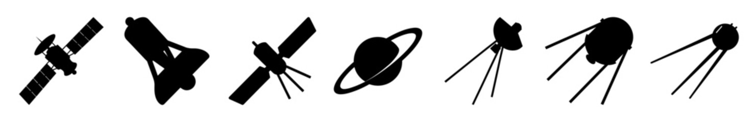 Space exploration icons set with planets and rockets - Minimalist black and white icons depicting space exploration, featuring rockets, satellites, planets, and probes in a clean style. © Tanjila