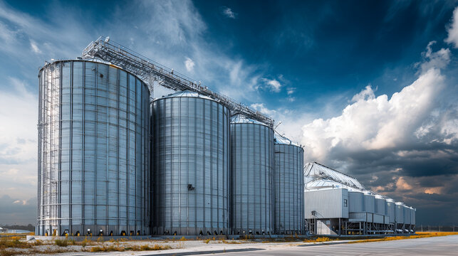 modern grain storage silos and agricultural processing facility under dramatic cloudy sky with industrial infrastructure