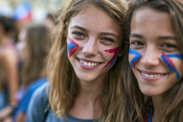 Fototapeta premium Smiling football supporters with abstract painted color shapes on cheeks