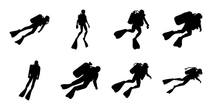 Scuba divers silhouette set in action poses - A collection of black silhouette illustrations showing scuba divers in various action poses, ideal for underwater, sports, or adventure themes.