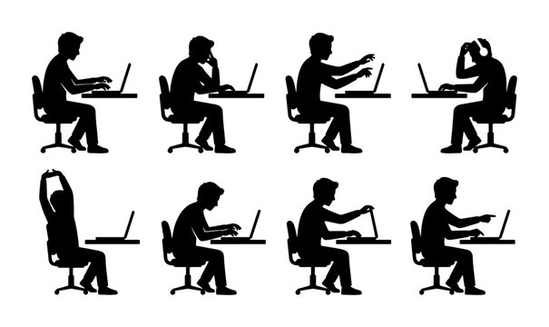 Silhouette Figures Working on Laptops, Diverse Poses and Actions, Office Desk Setup, Vector Icons