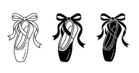Elegant Ballet Slippers Vector Set, Classic Dance Shoes with Ribbons, Black and White Line Art, Performance Footwear Graphics © Jui
