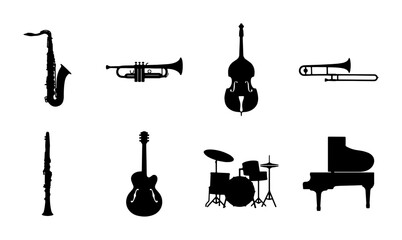 Vector Set of Musical Instruments Silhouettes: Saxophone, Trumpet, Double Bass, Trombone, Clarinet, Guitar, Drums, Piano © Farzana