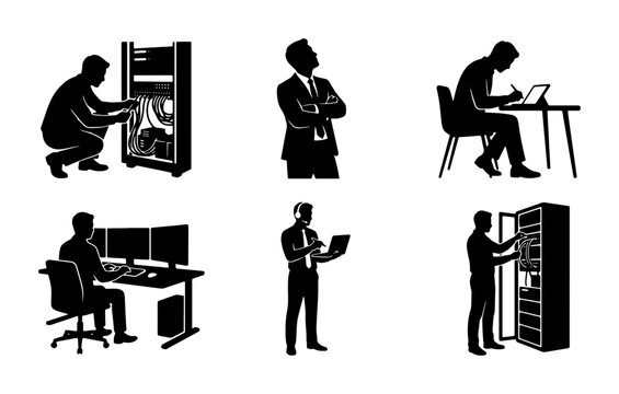 IT Professional Icons Set, Computer Technician Silhouettes, Data Center Server Rack Management, Business Technology Concepts