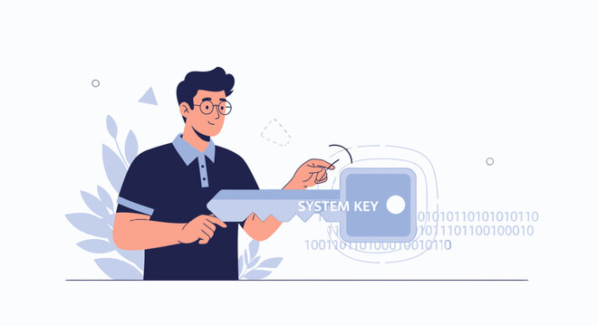 Man Holding System Key with Binary Code and Abstract Shapes - Cybersecurity and Access Concept