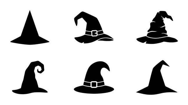 Witch Hats Silhouette Collection, Spooky Halloween Headwear Vector Icons, Magical Costume Accessories Set