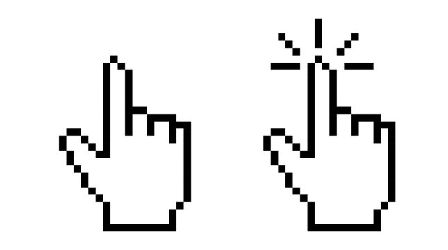 pixel hand cursor icon. pixel art computer hand cursor arrow clicking icons representing vintage retro digital computing graphics