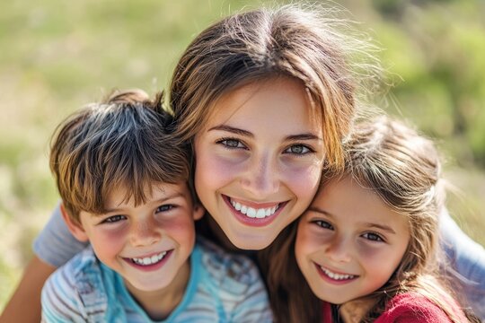 mother and children smiling and wearing straw hats, enjoying summer vacation 