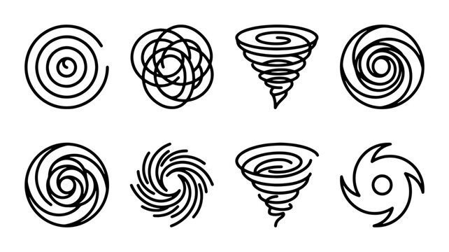 Cyclone and Hurricane Icons, Swirl and Vortex Vector Graphics, Weather and Storm Symbols, Set of 8
