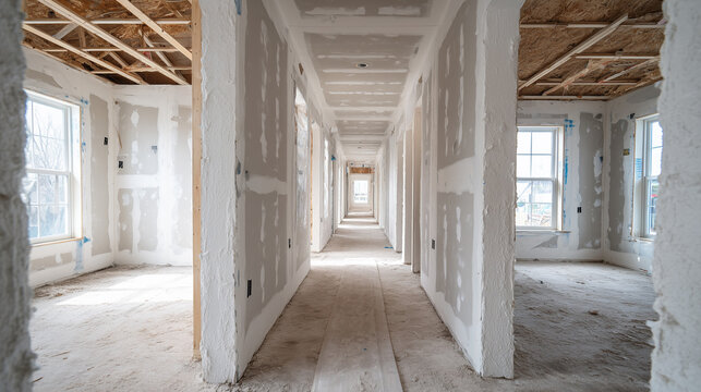 unfinished drywall interior corridor in residential house under renovation with natural sunlight and construction progress