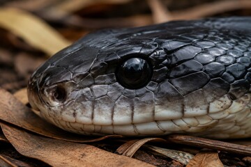 Obraz premium Macro portrait of a black snake in Australian wilderness. Close up of a venomous deadly reptile resting on dry leaves. Dangerous wildlife of Australia and nature observation concept.