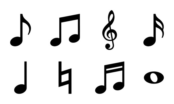 Musical Notes Collection, Treble Clef, Eighth Notes, Quarter Notes, Whole Note, Rest Symbols, Black Vector Icons for Music Themes