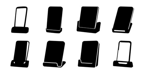 Various smartphone poses on stands illustration - Black and white vector illustration showing different smartphone positions on stands in multiple angles and orientations © Tanjila