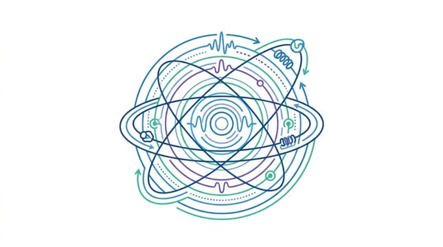 Abstract atomic structure with orbiting electrons and energy waves.